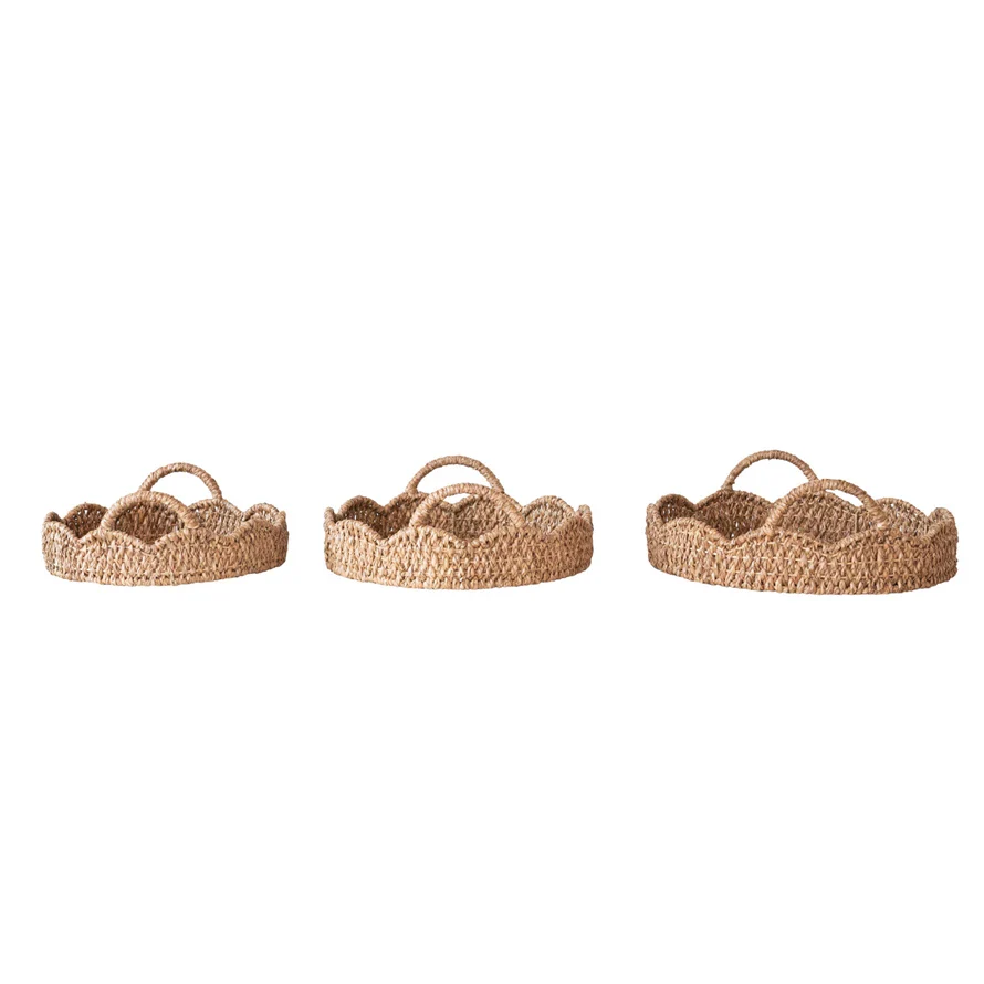 Braided Bankuan & Rattan Trays w/ Scalloped Edge & Handles, Set of 3 - Image 4