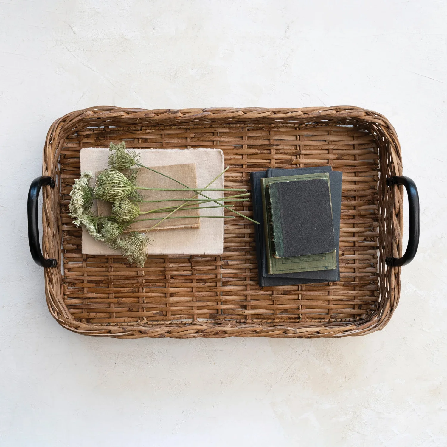 Decorative Hand-Woven Rattan Tray with Metal Handles - Image 2