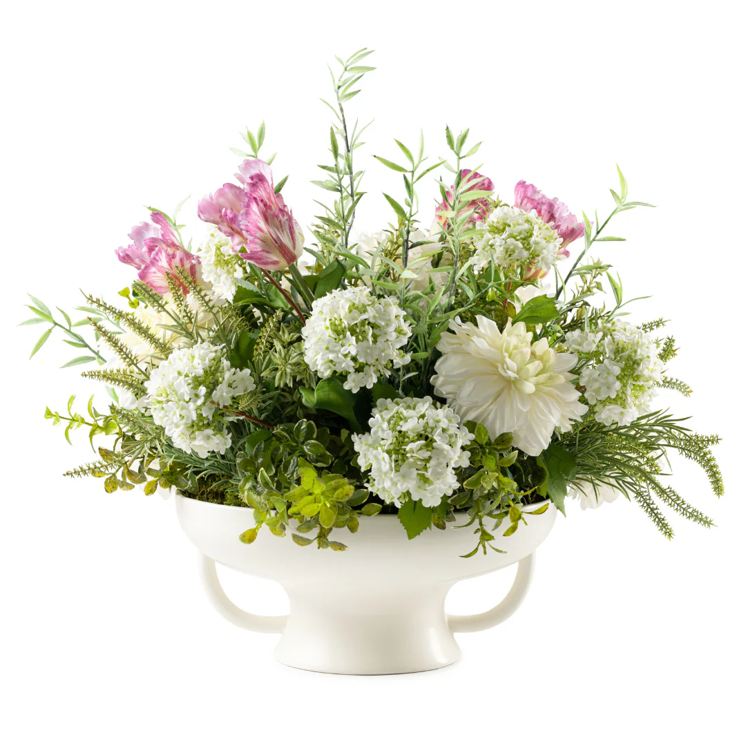 DH Dahlia and Pink Tulip in White Handle Pot