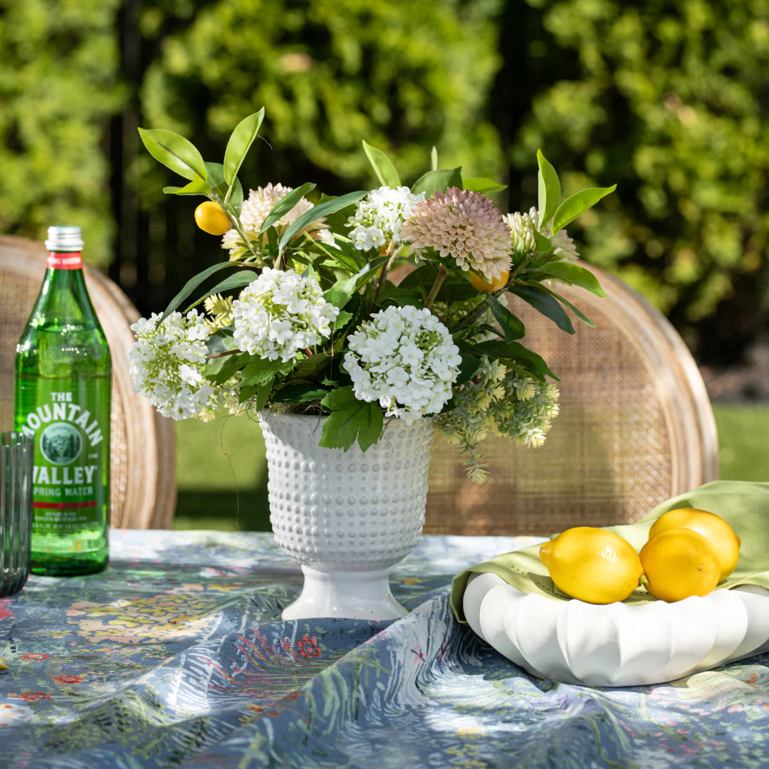 DH Lemons, Sedum and Dahlia in Beaded Pedestal Vase - Image 2