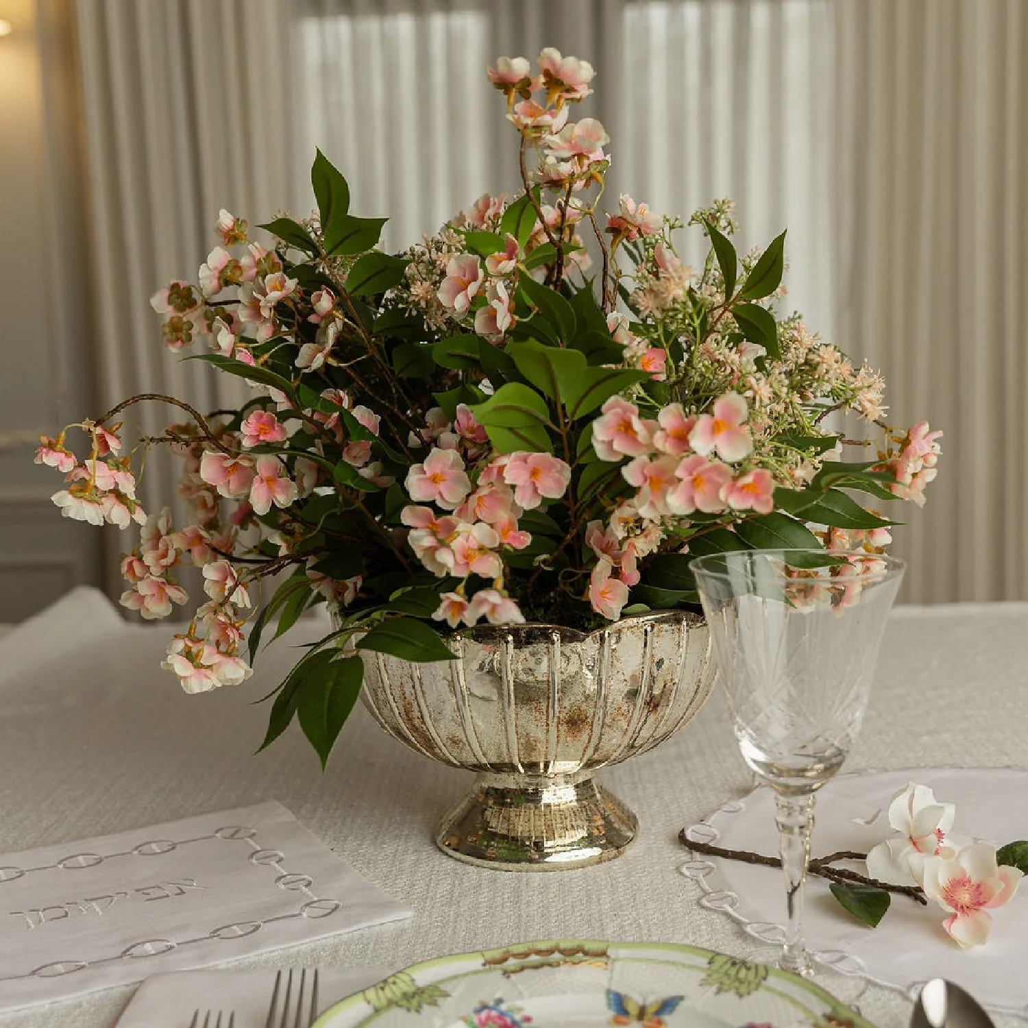 DH Pink Cherry Blossom in Gold Pedestal Vase - Image 2