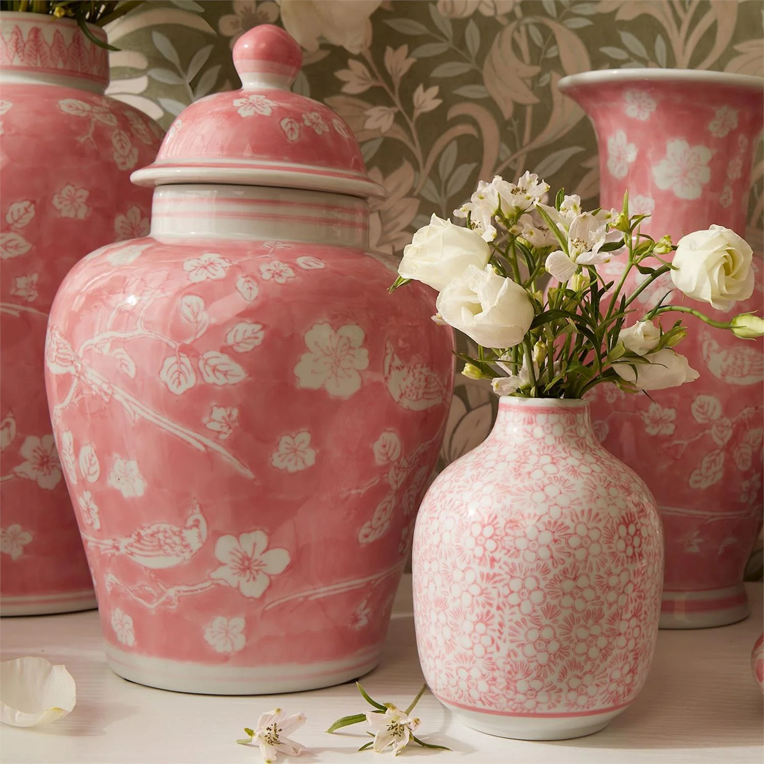 Hand-Painted Pink Chinoiserie Covered Jars Set Of 3 - Image 2