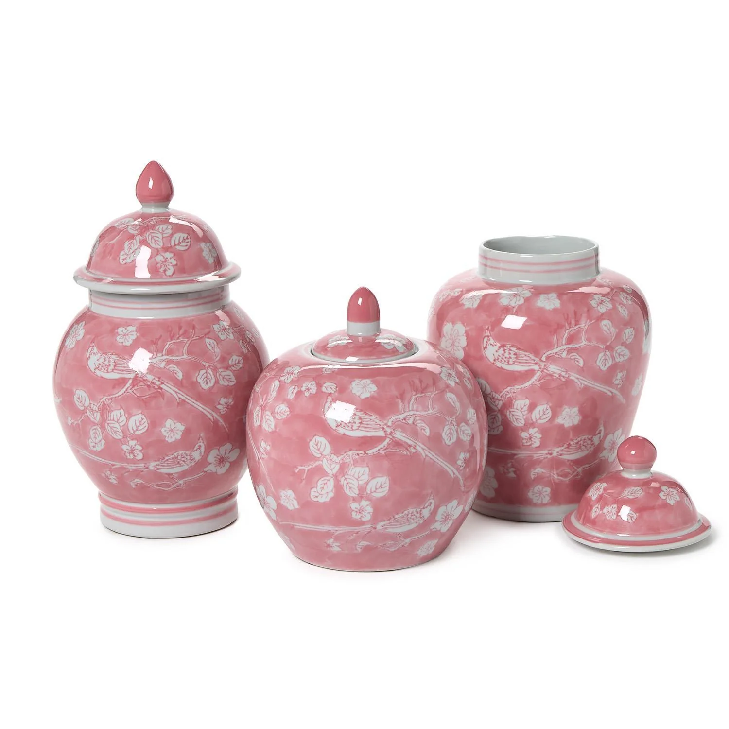 Hand-Painted Pink Chinoiserie Covered Jars Set Of 3 - Image 3