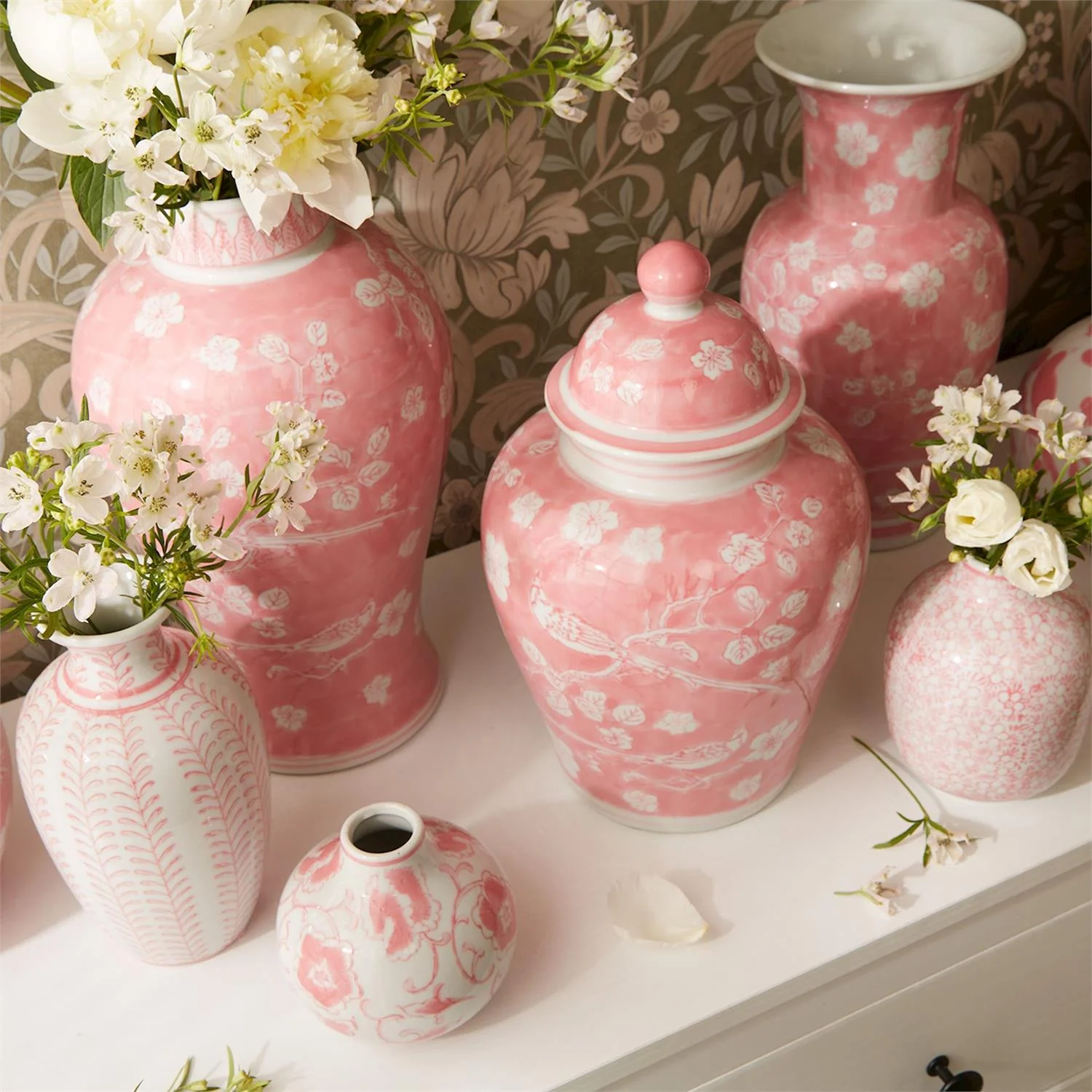 Hand-Painted Pink Chinoiserie Covered Jars Set Of 3 - Image 4