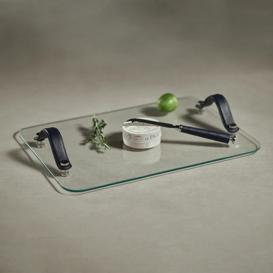 Laguna Glass, Nickel & Leather Bar / Cheese Tray - Image 2