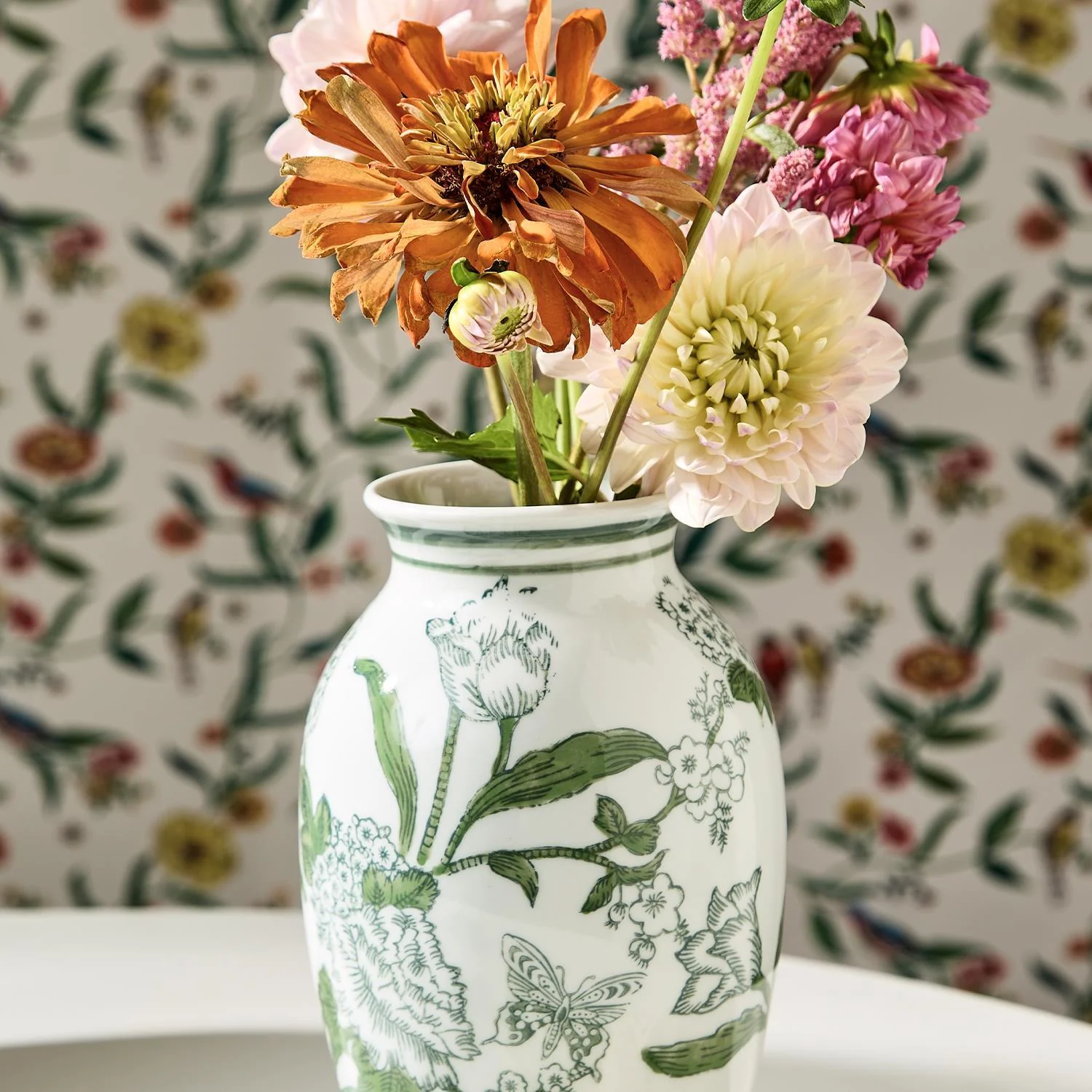 Primrose and Lotus Green and White Chinoiserie Vases Set Of 2 - Image 3